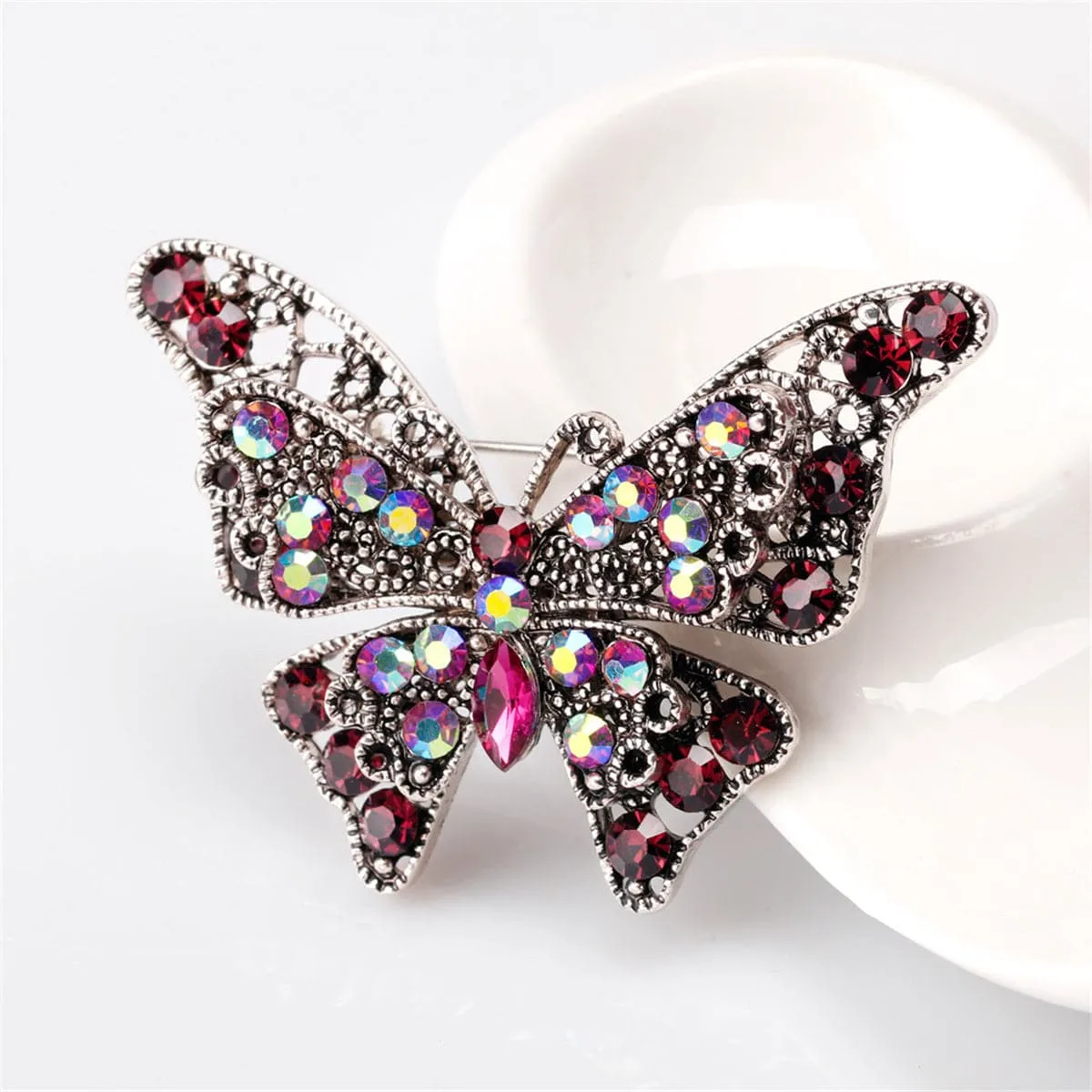 Pink Cubic Zirconia & Silver-Plated Butterfly Brooch