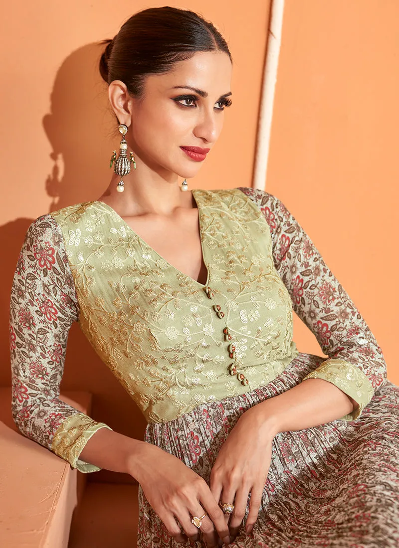 Pista Green Sequence Embroidery Floral Anarkali Suit