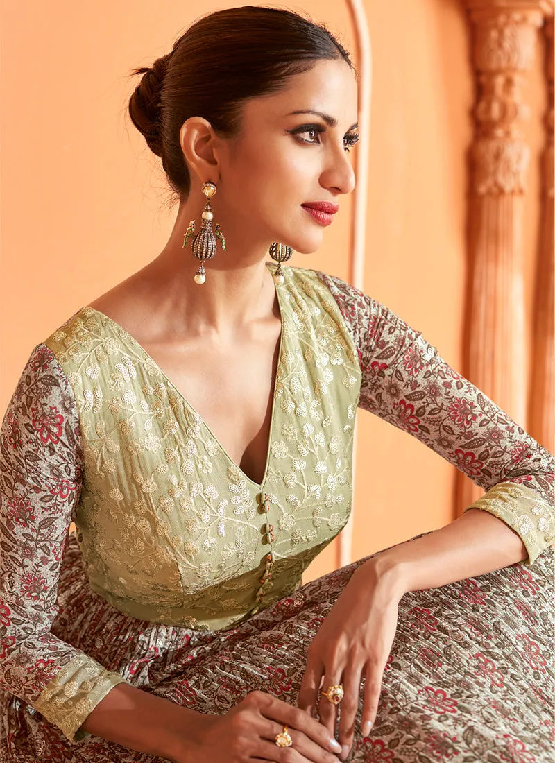 Pista Green Sequence Embroidery Floral Anarkali Suit