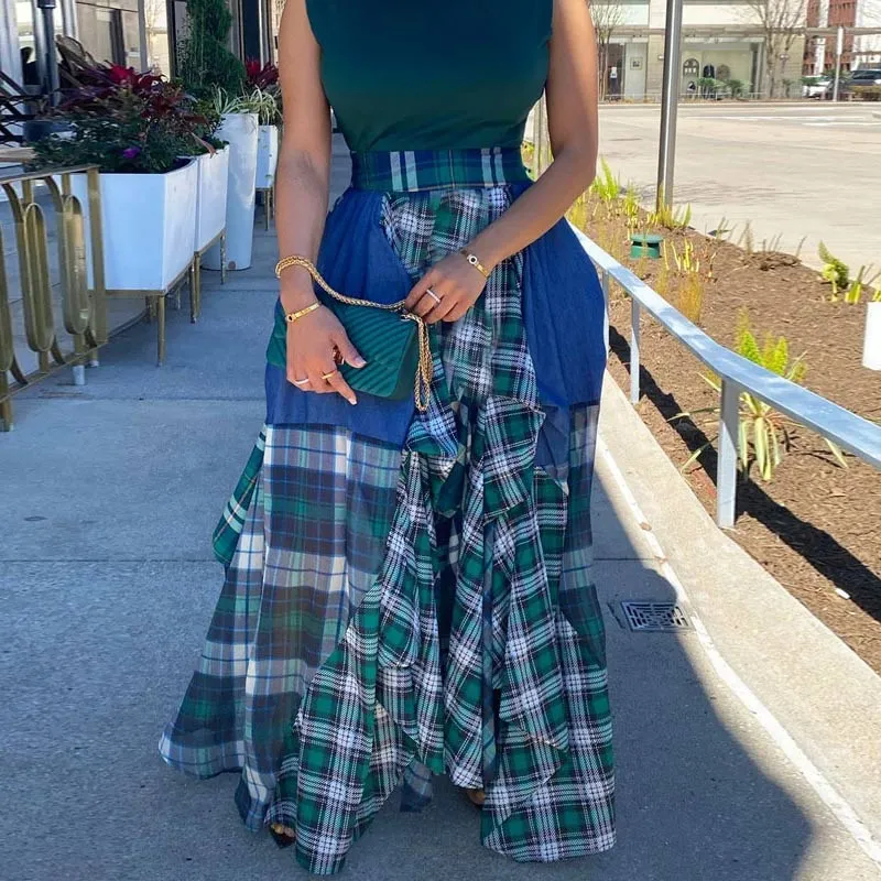 Plaid Pattern High Wasit Loose Maxi Dress