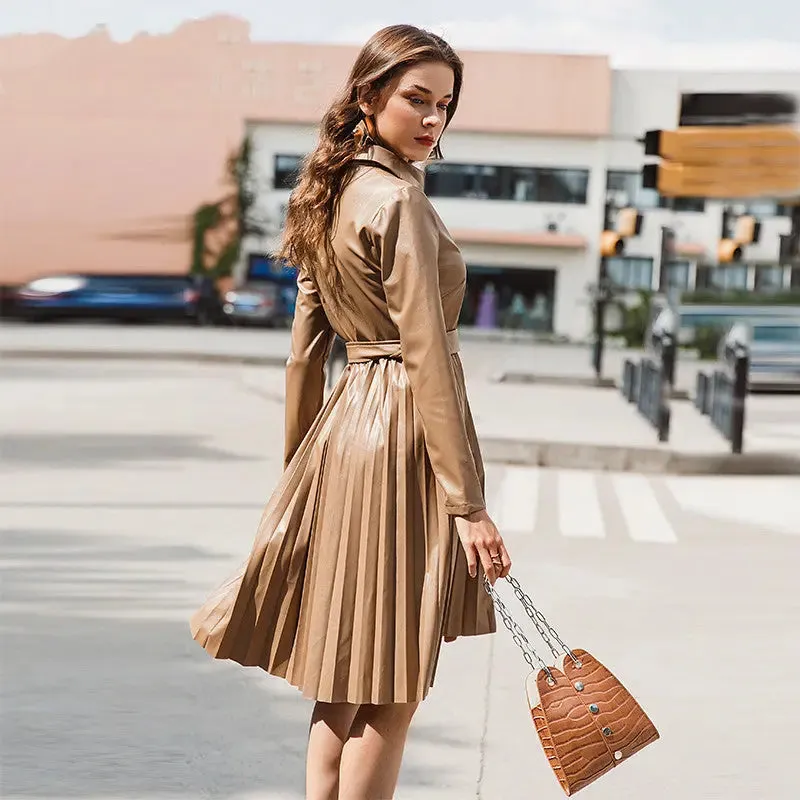 Pleated Lapel Midi Dress - Solid Color Long Sleeve Belted Dress