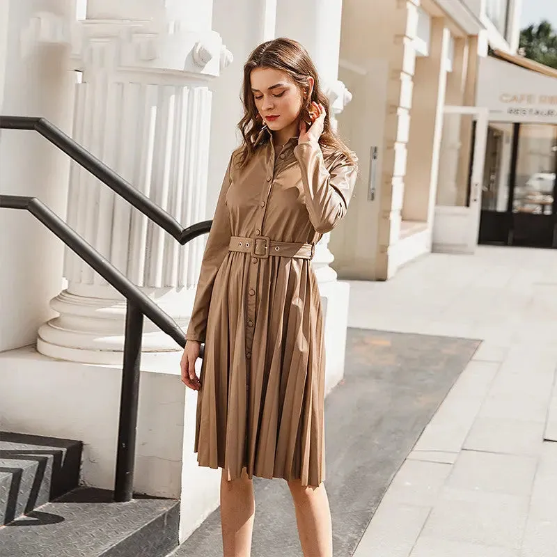 Pleated Lapel Midi Dress - Solid Color Long Sleeve Belted Dress