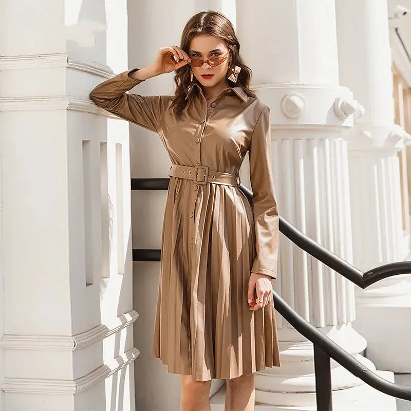 Pleated Lapel Midi Dress - Solid Color Long Sleeve Belted Dress