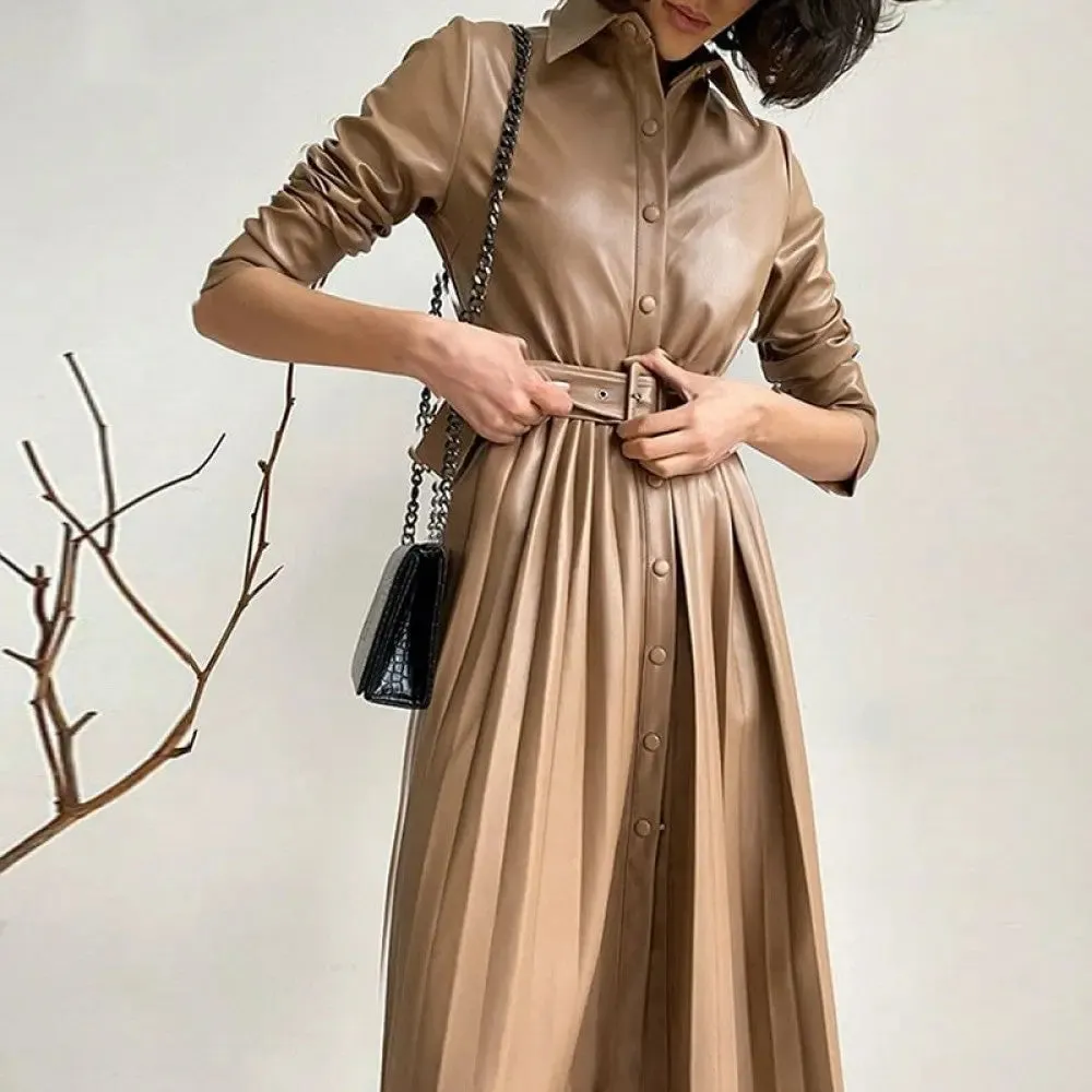 Pleated Lapel Midi Dress - Solid Color Long Sleeve Belted Dress