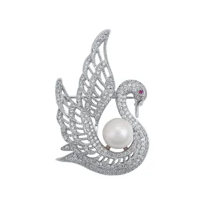 Pretty Brooch CZ Diamond & Pearl Swan Rhodium Plated
