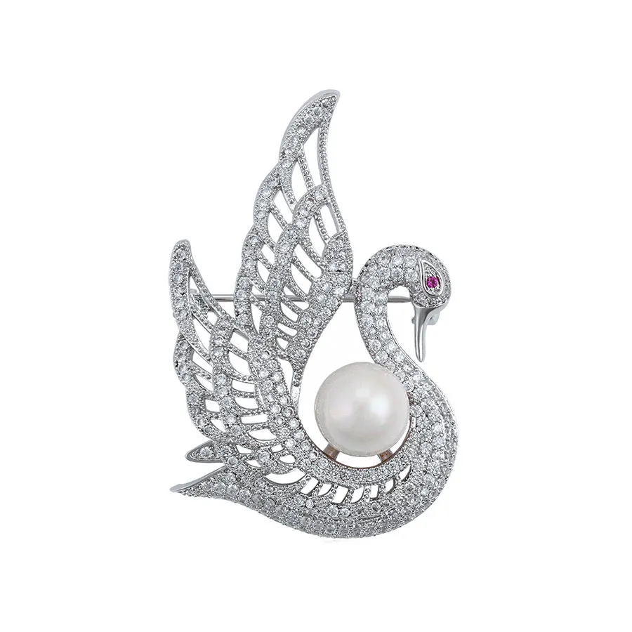 Pretty Brooch CZ Diamond & Pearl Swan Rhodium Plated