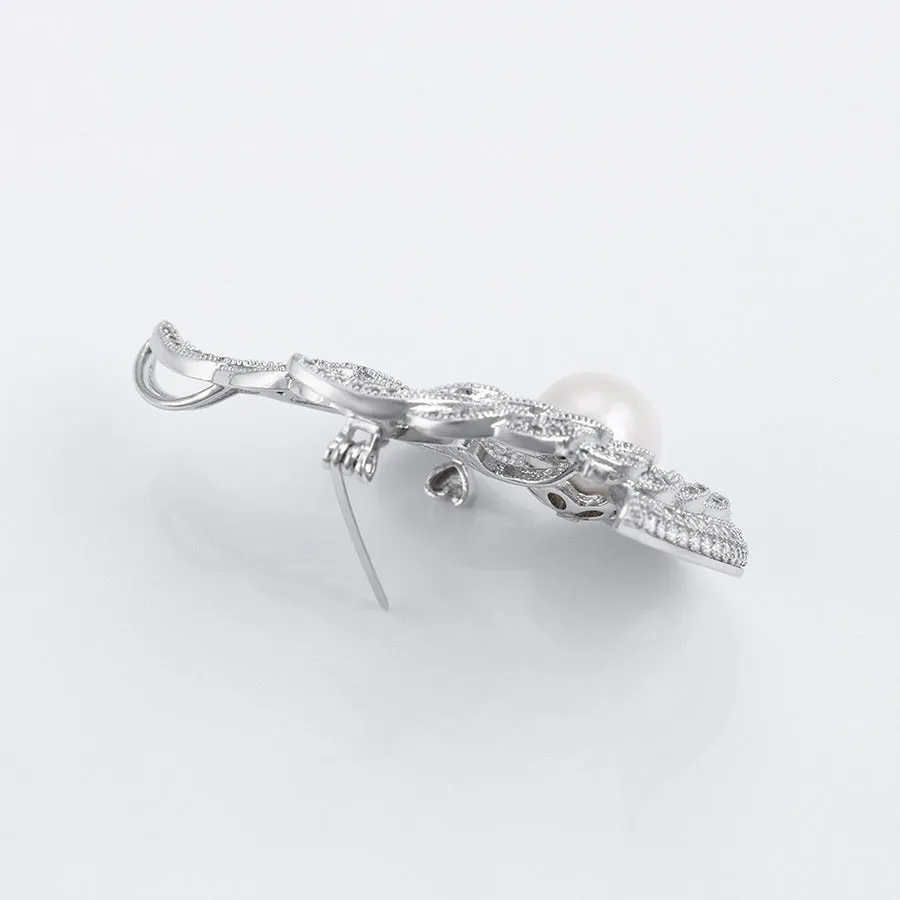 Pretty Brooch CZ Diamond & Pearl Swan Rhodium Plated