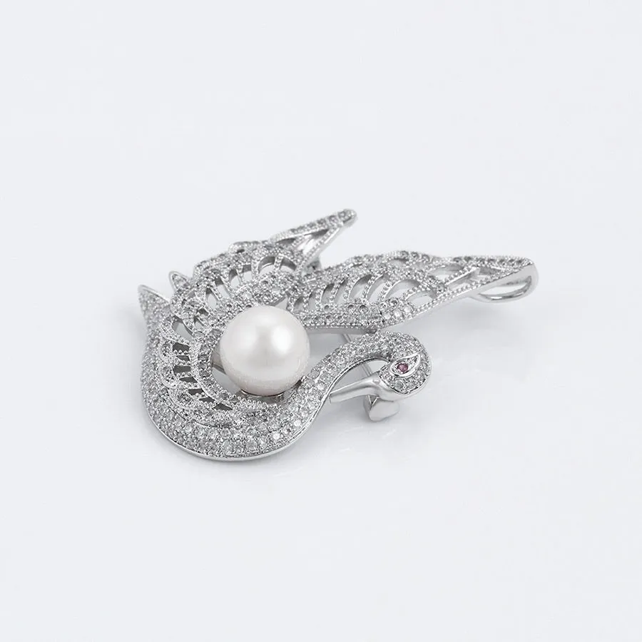 Pretty Brooch CZ Diamond & Pearl Swan Rhodium Plated