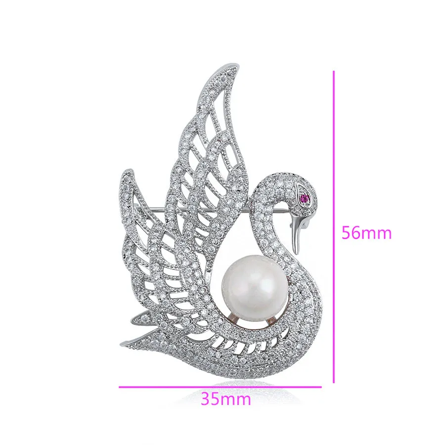 Pretty Brooch CZ Diamond & Pearl Swan Rhodium Plated