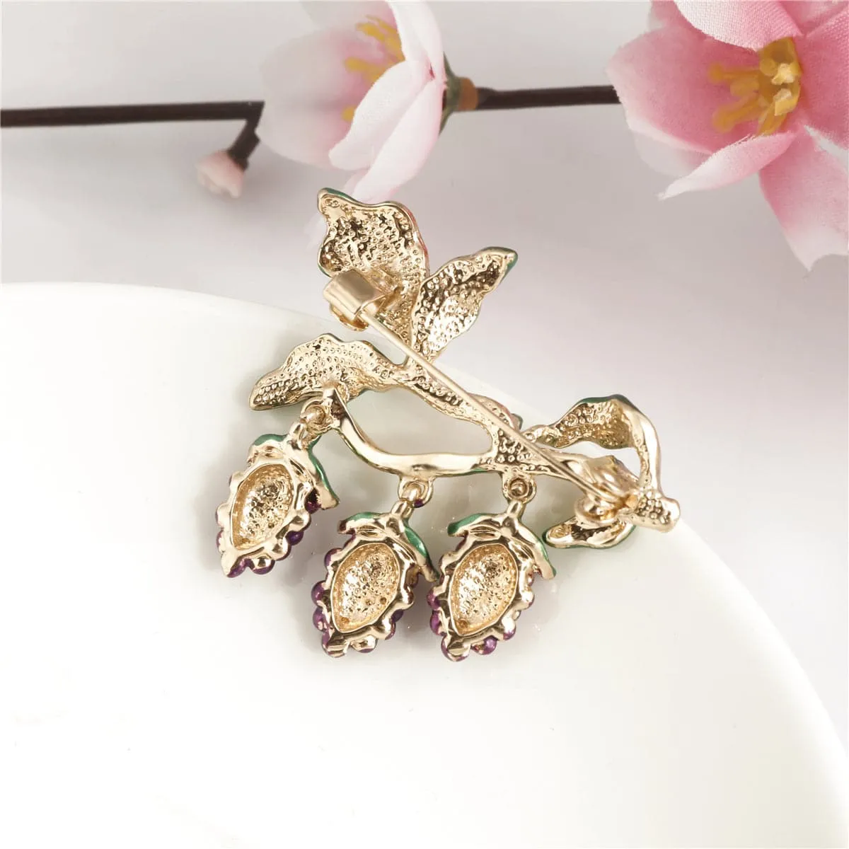Purple Enamel & 18K Gold-Plated Grape Brooch