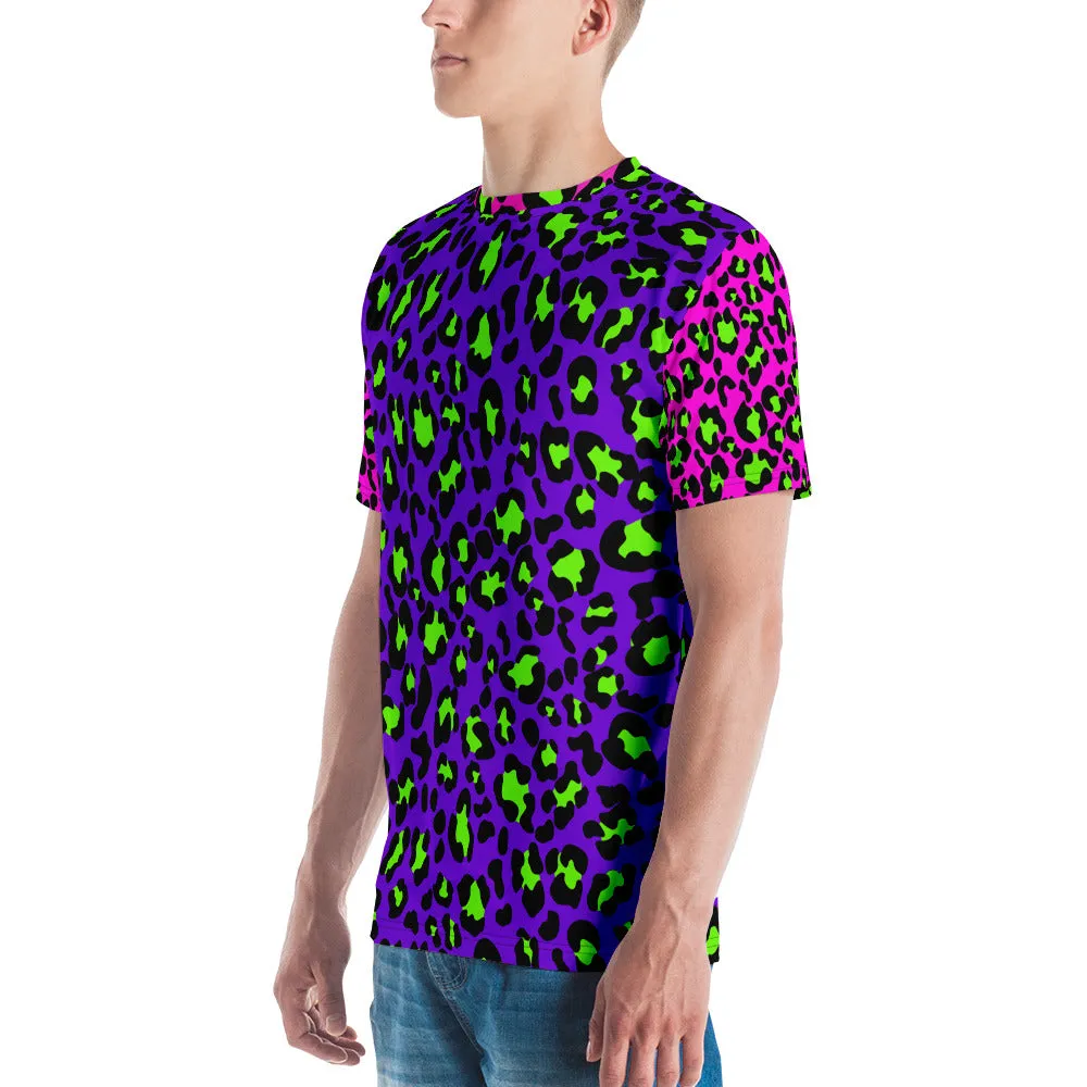 Purple / Neon Green Leopard Print Color Block Men's T-shirt