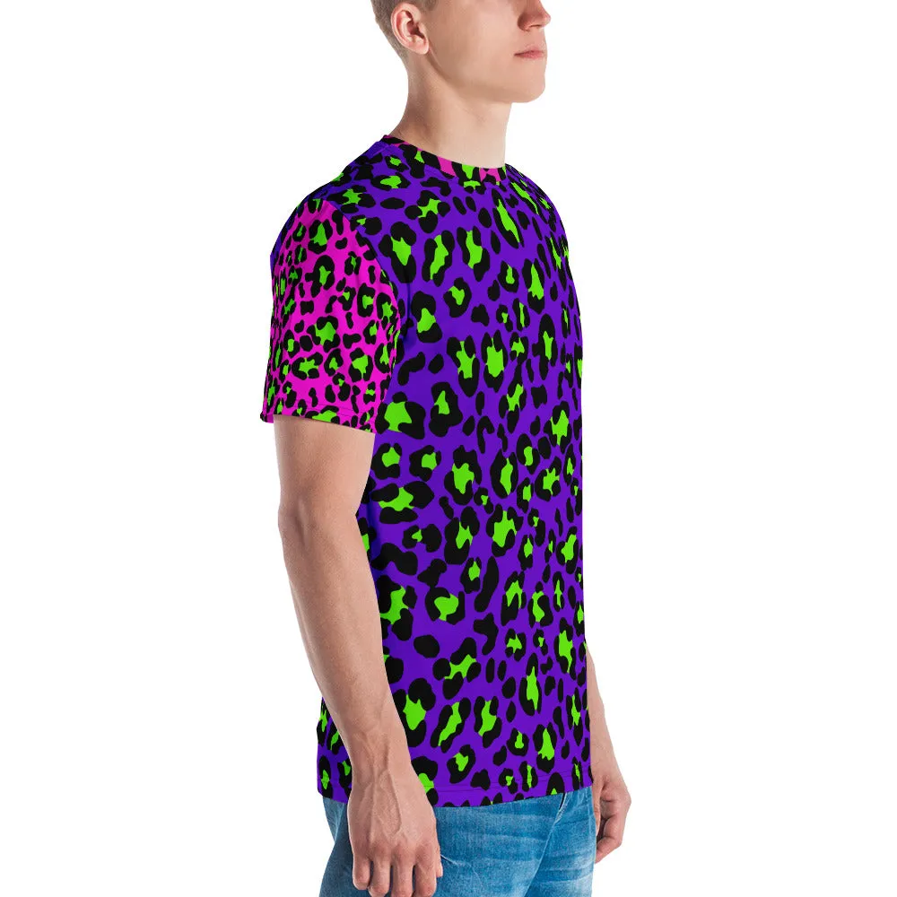 Purple / Neon Green Leopard Print Color Block Men's T-shirt