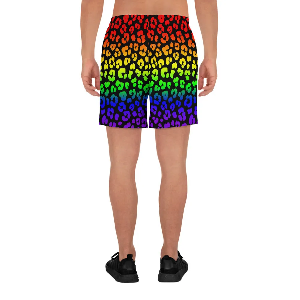 Rainbow Leopard Print Men's Athletic Long Shorts / All Over Print