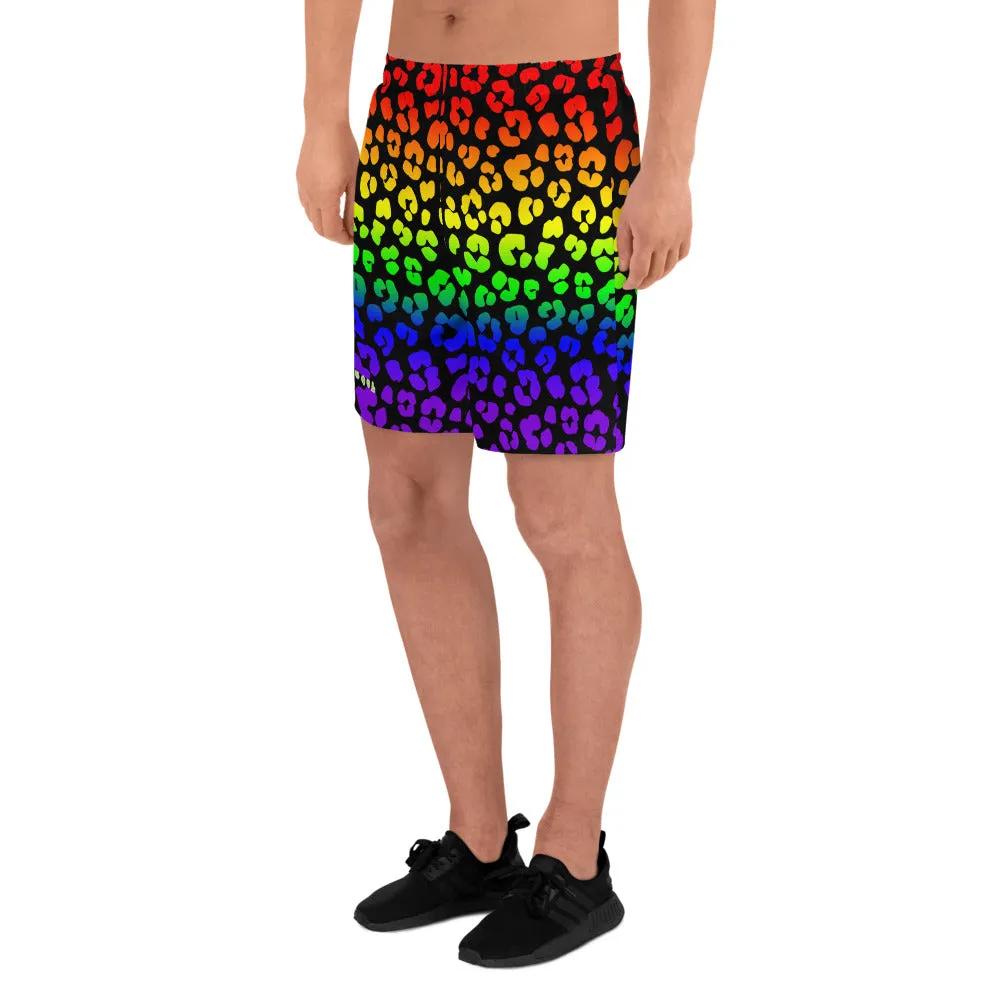 Rainbow Leopard Print Men's Athletic Long Shorts / All Over Print