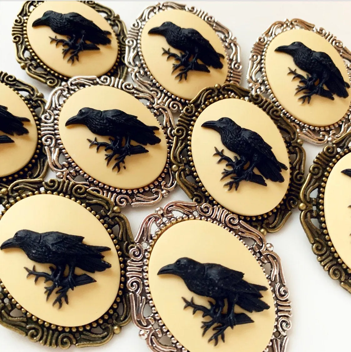 Raven Cameo Brooch in Bronze Large Size