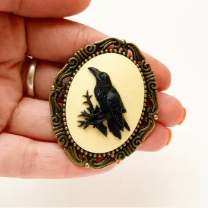 Raven Cameo Brooch in Bronze Large Size