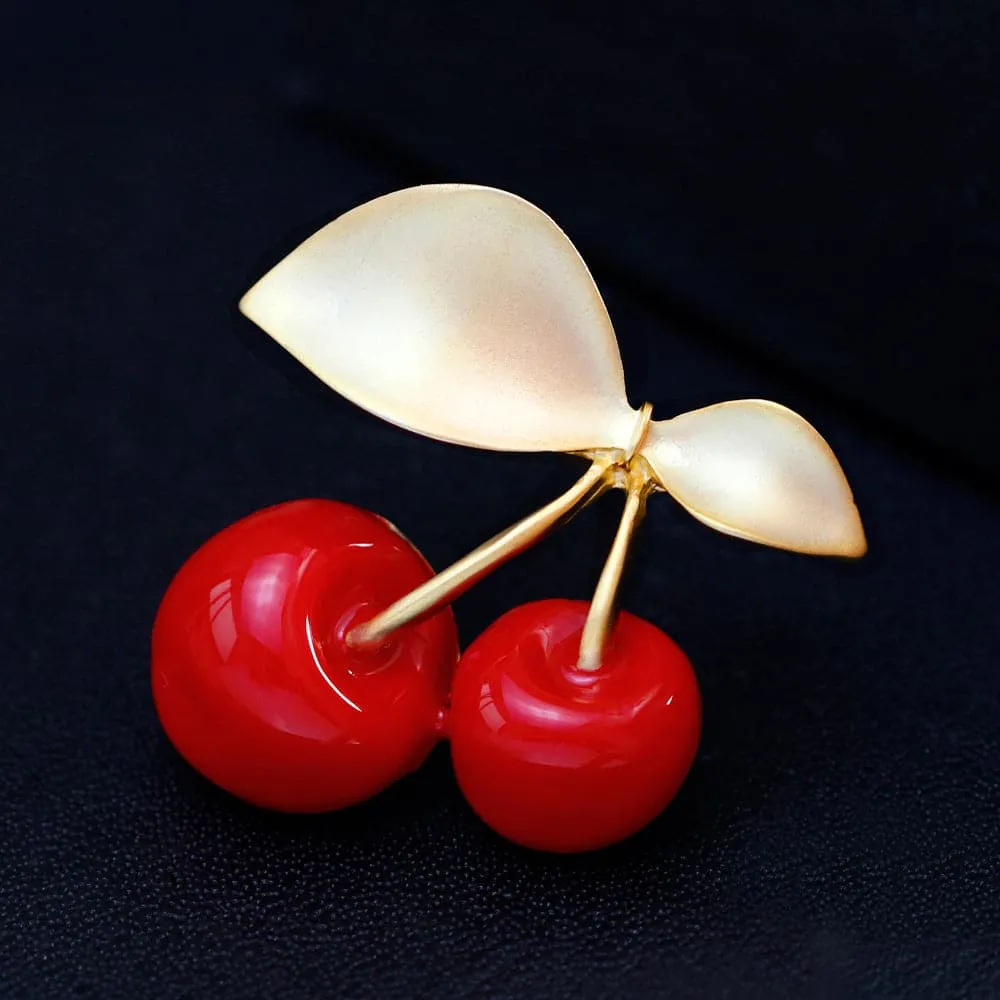 Red & 18K Gold-Plated Cherry Brooch