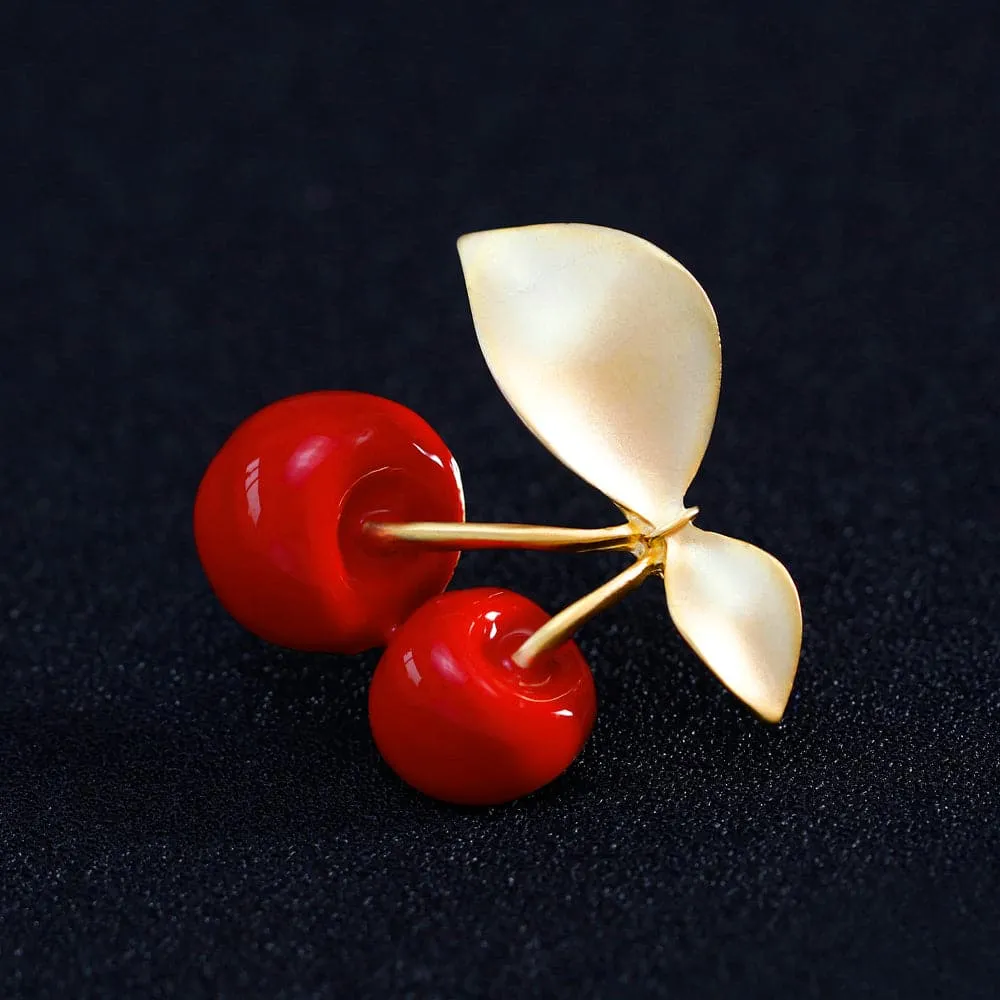 Red & 18K Gold-Plated Cherry Brooch