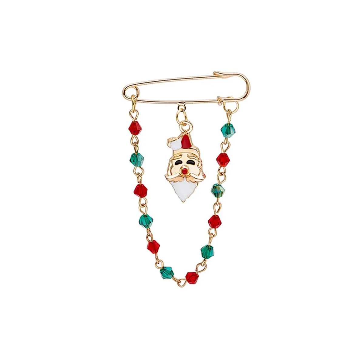 Red & Green Beaded-Chain Santa Pin Brooch