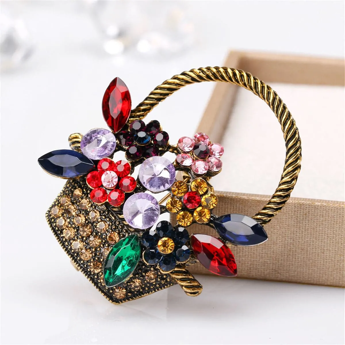 Red & Green Crystal Basket Brooch