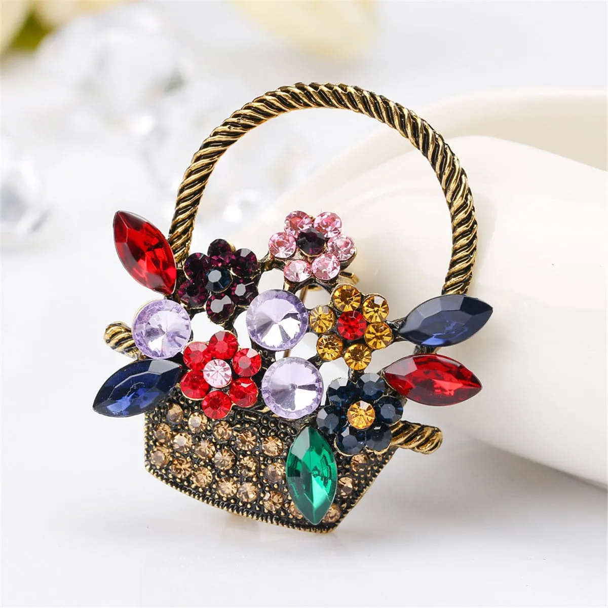 Red & Green Crystal Basket Brooch