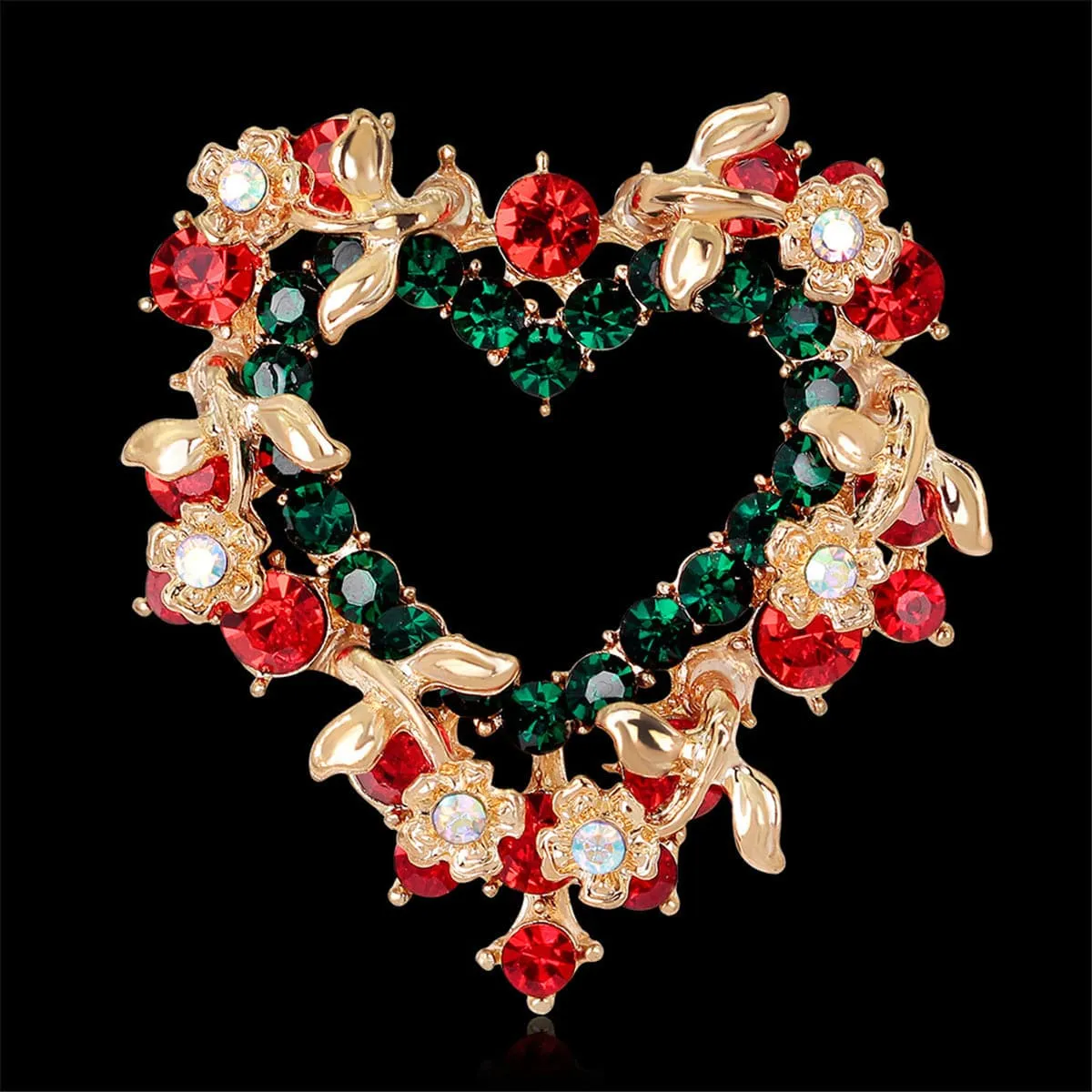 Red & Green Cubic Zirconia & 18K Gold-Plated Wreath Brooch