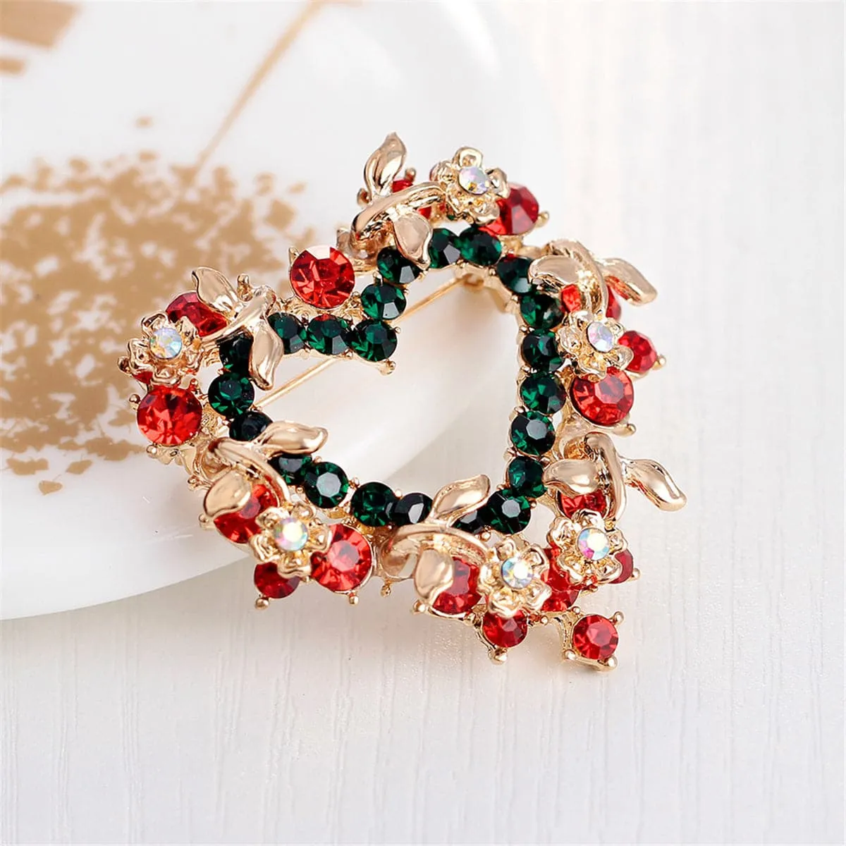 Red & Green Cubic Zirconia & 18K Gold-Plated Wreath Brooch