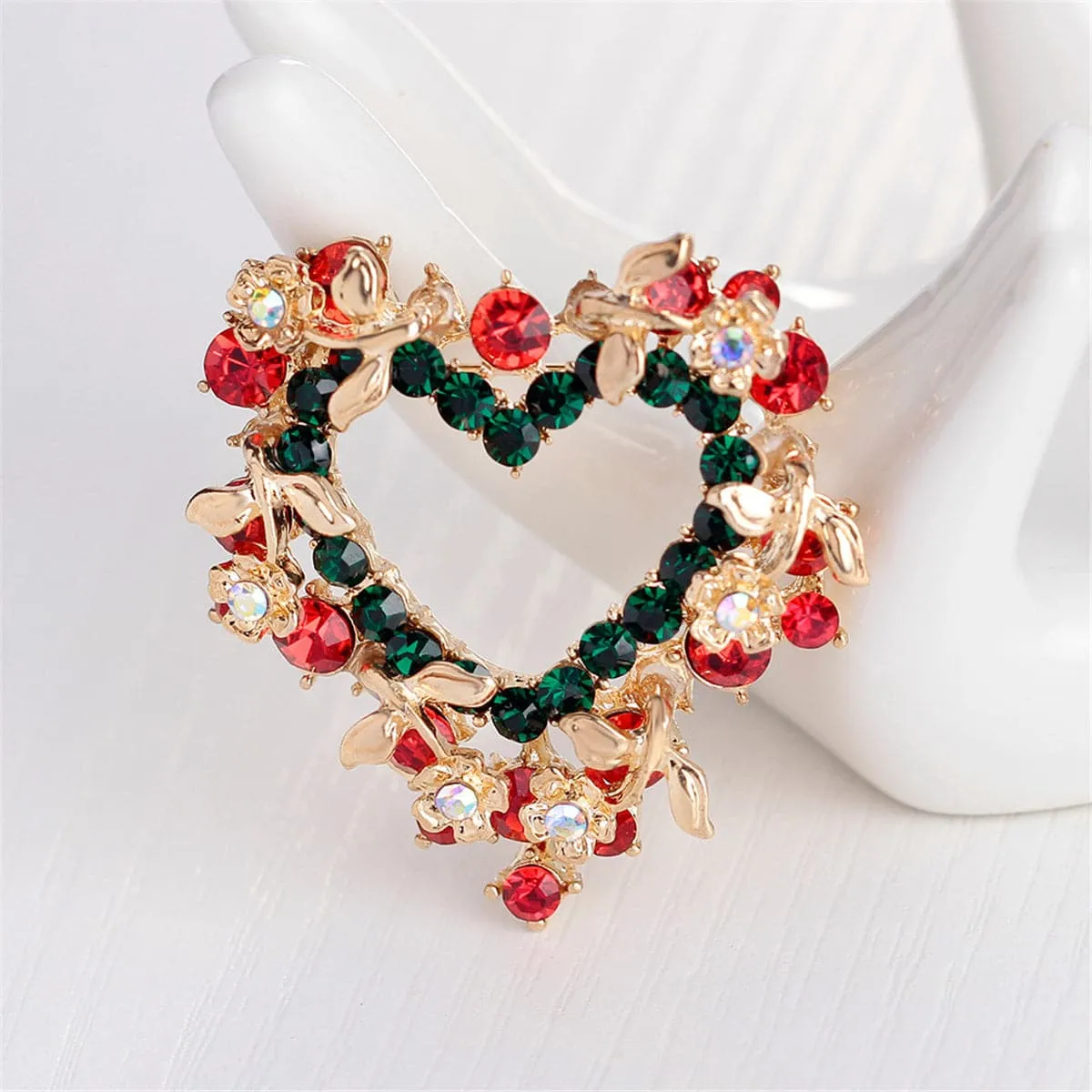 Red & Green Cubic Zirconia & 18K Gold-Plated Wreath Brooch