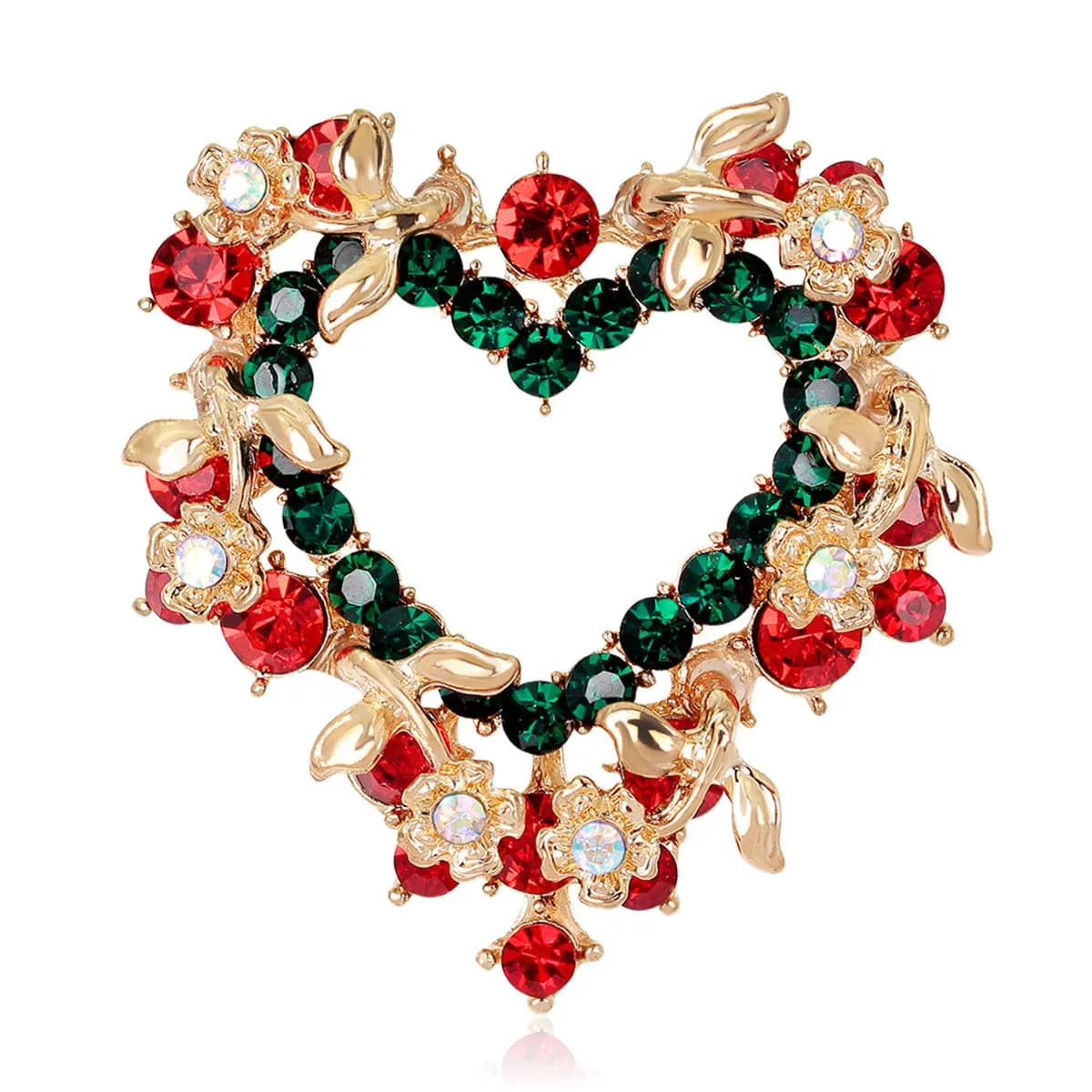 Red & Green Cubic Zirconia & 18K Gold-Plated Wreath Brooch