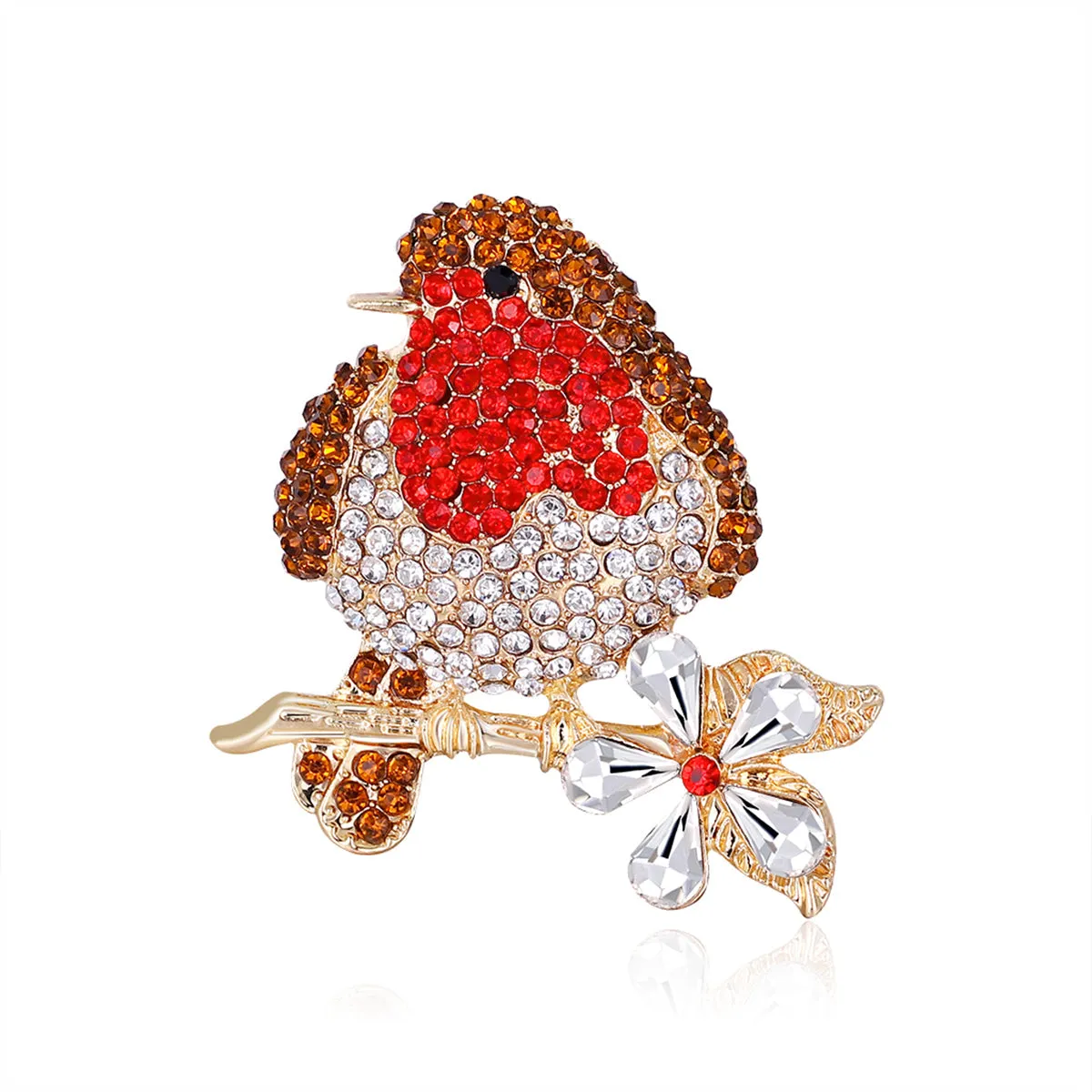 Red & Multicolor Cubic Zirconia & 18K Gold-Plated Bird Brooch