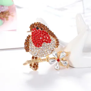 Red & Multicolor Cubic Zirconia & 18K Gold-Plated Bird Brooch