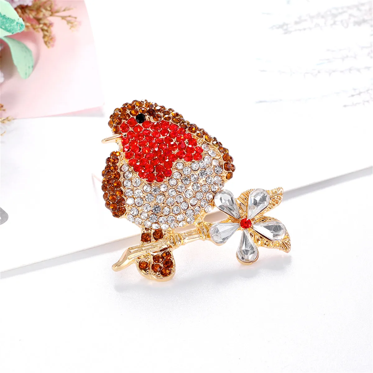 Red & Multicolor Cubic Zirconia & 18K Gold-Plated Bird Brooch