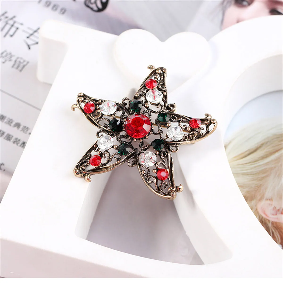 Red & Multicolor Cubic Zirconia & 18K Gold-Plated Star Brooch