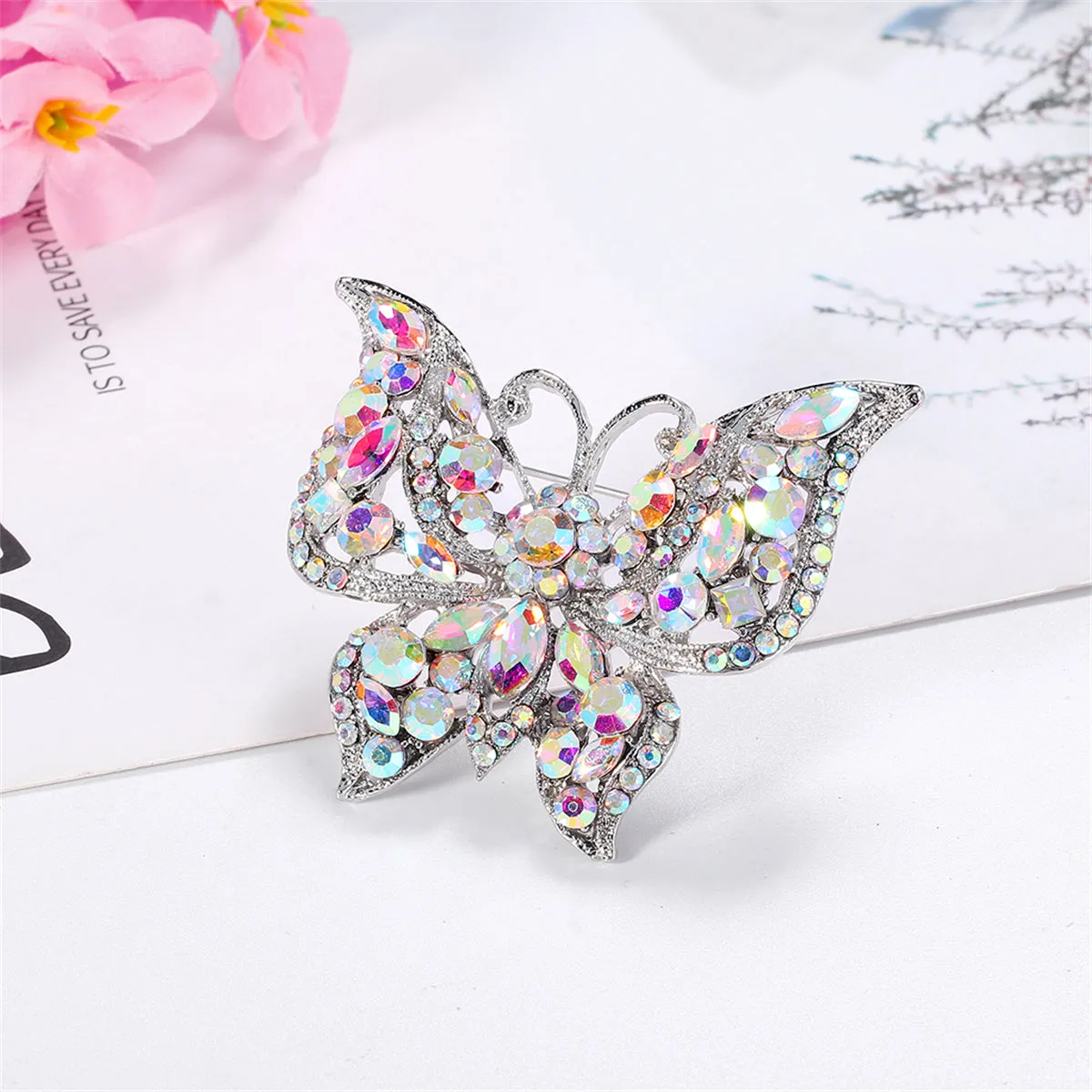 Red & Multicolor Cubic Zirconia Silver-Plated Butterfly Brooch