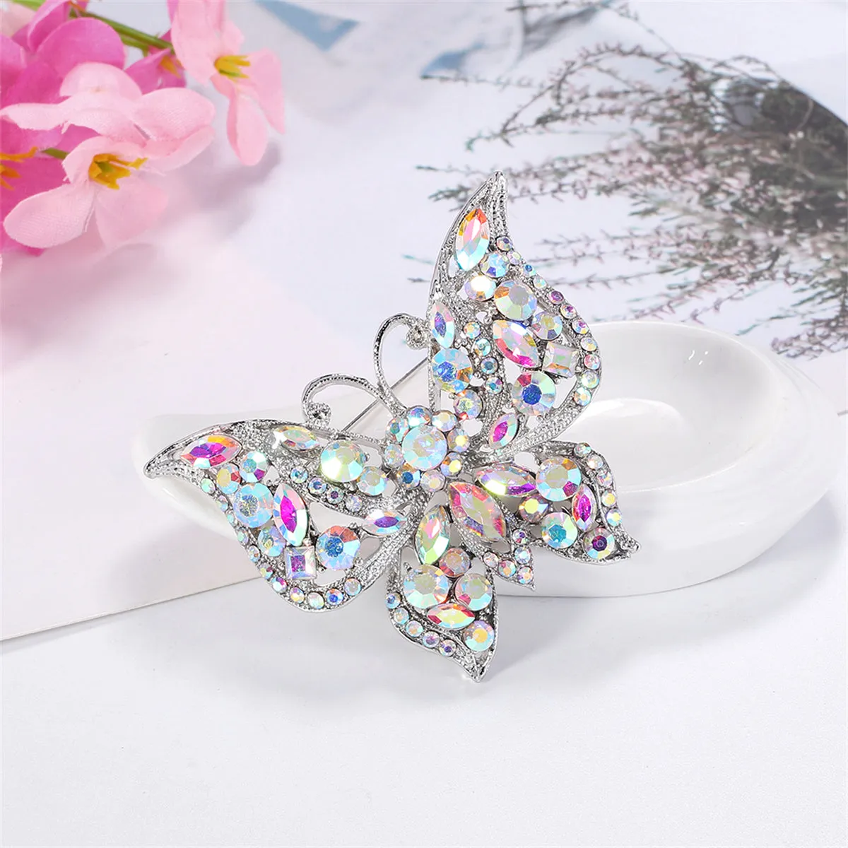 Red & Multicolor Cubic Zirconia Silver-Plated Butterfly Brooch