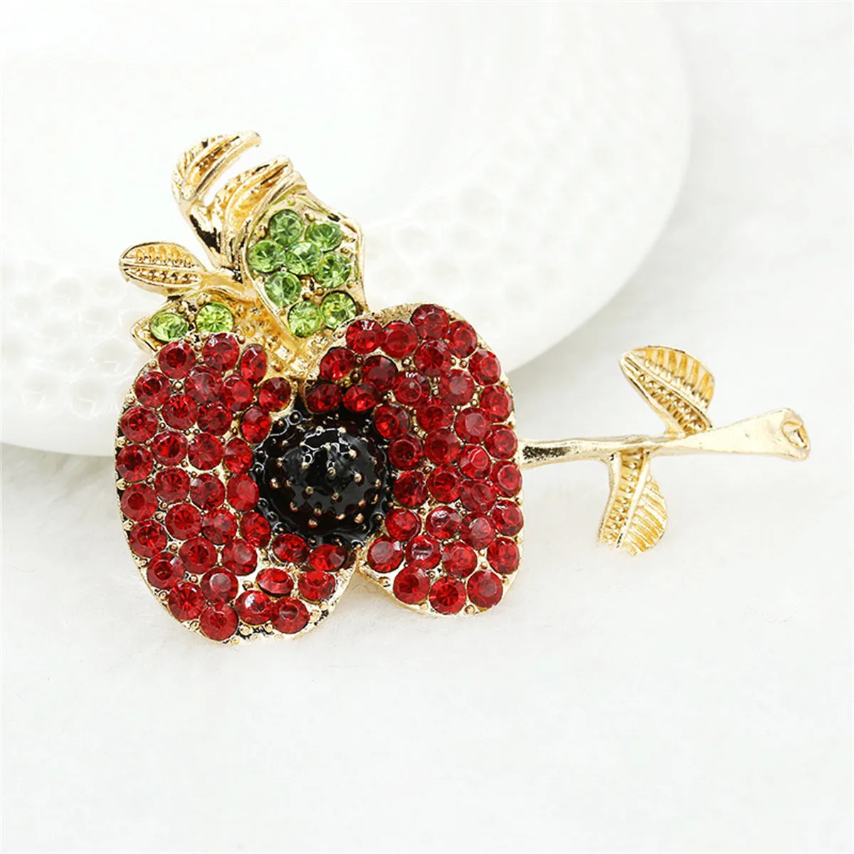 Red Cubic Zirconia & 18K Gold-Plated Apple Brooch