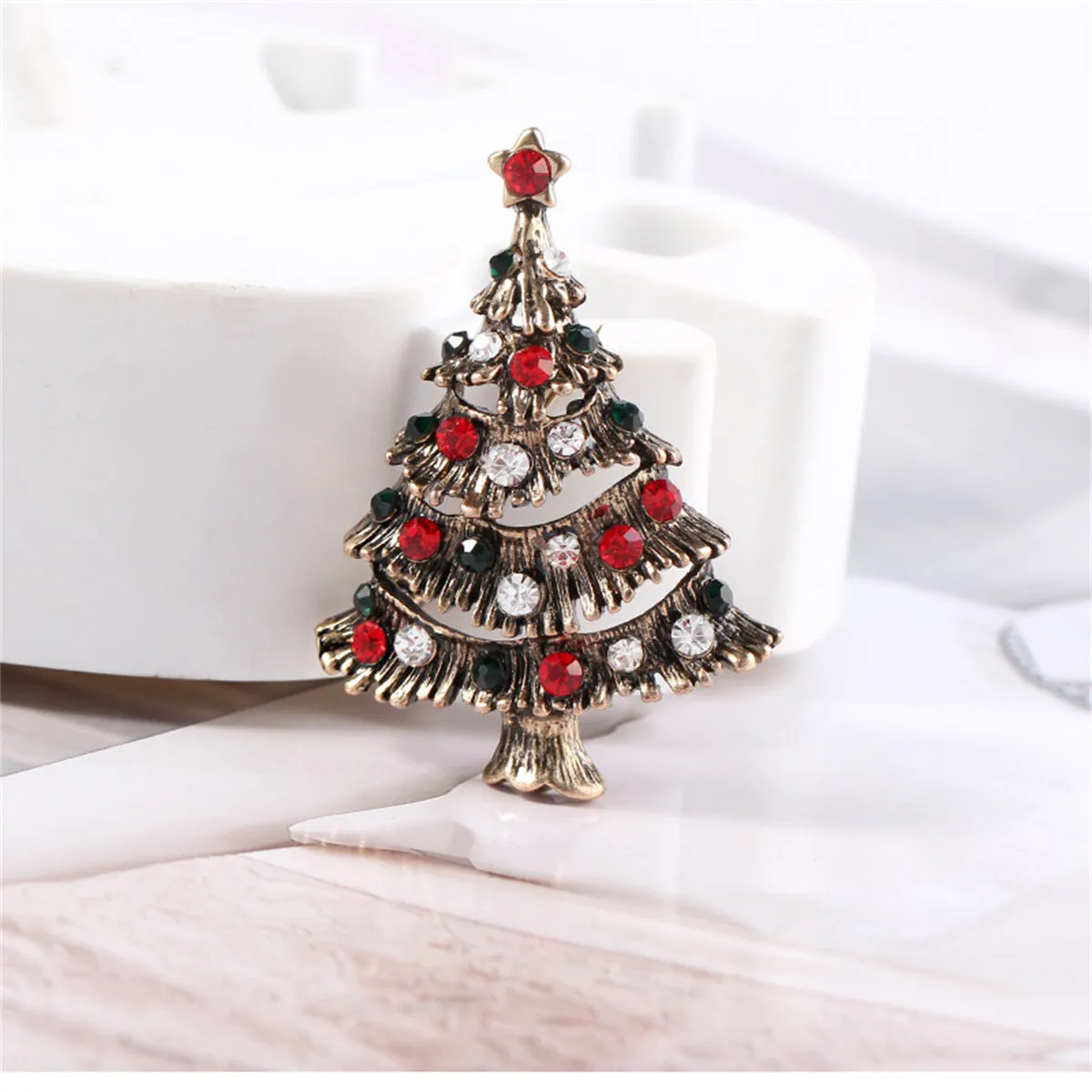 Red Cubic Zirconia & 18K Gold-Plated Christmas Tree Brooch