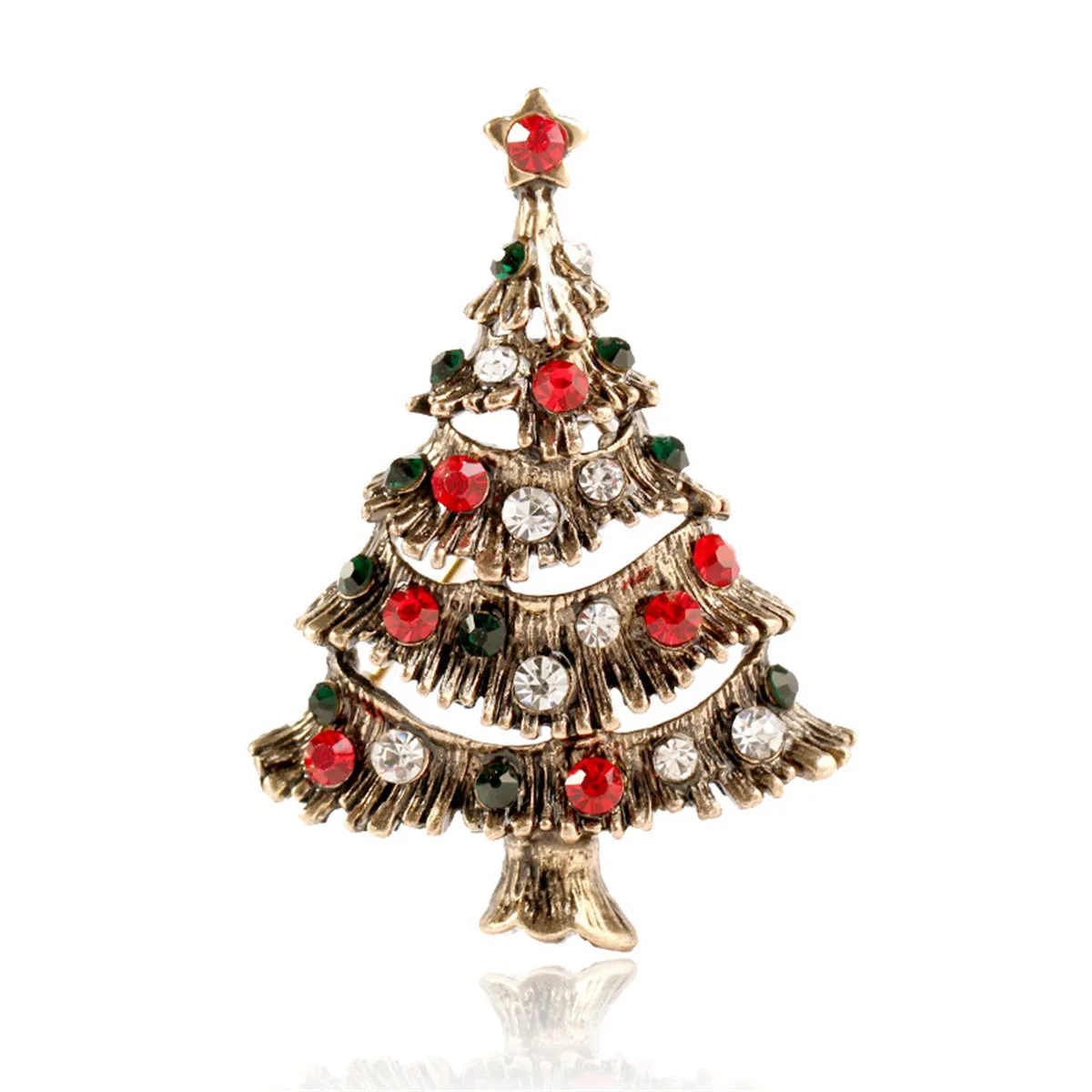 Red Cubic Zirconia & 18K Gold-Plated Christmas Tree Brooch