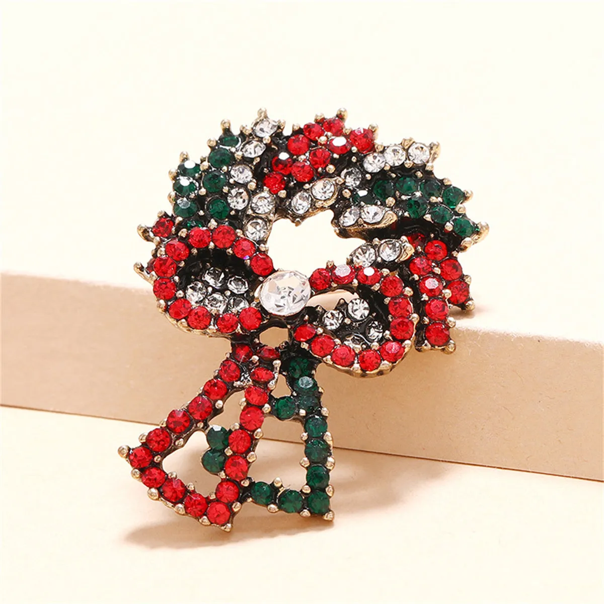 Red Cubic Zirconia & 18K Gold-Plated Christmas Wreath Brooch