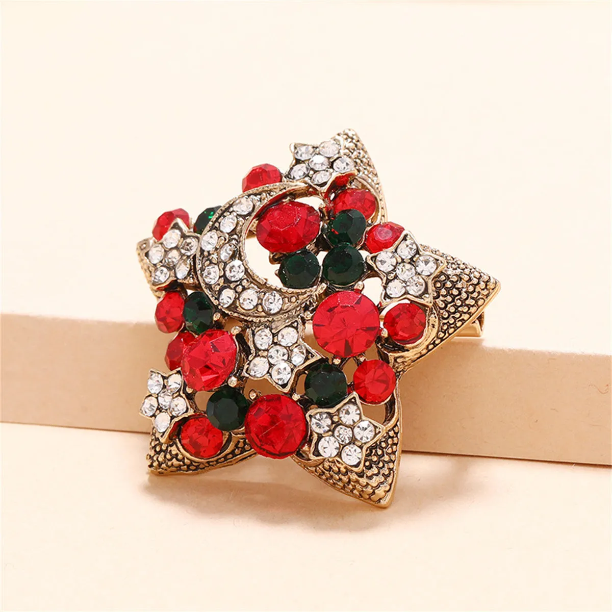 Red Cubic Zirconia & 18K Gold-Plated Moon Star Brooch