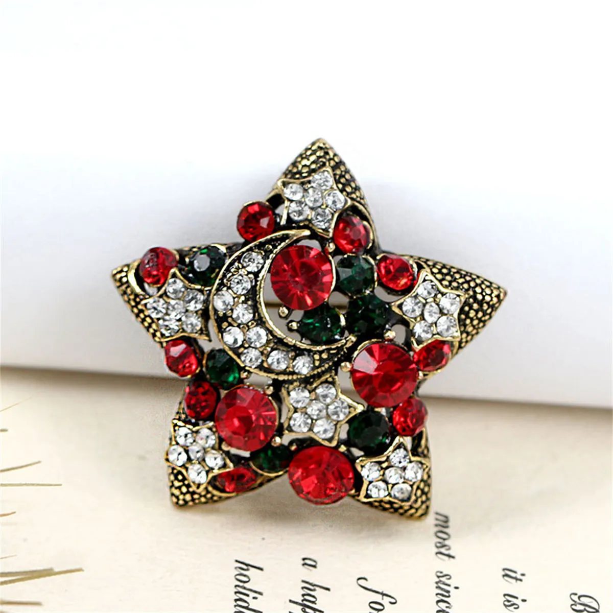 Red Cubic Zirconia & 18K Gold-Plated Moon Star Brooch