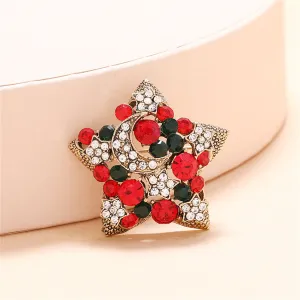Red Cubic Zirconia & 18K Gold-Plated Moon Star Brooch