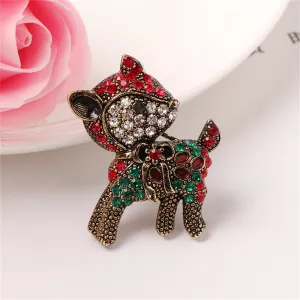 Red Cubic Zirconia & 18K Gold-Plated Reindeer Brooch