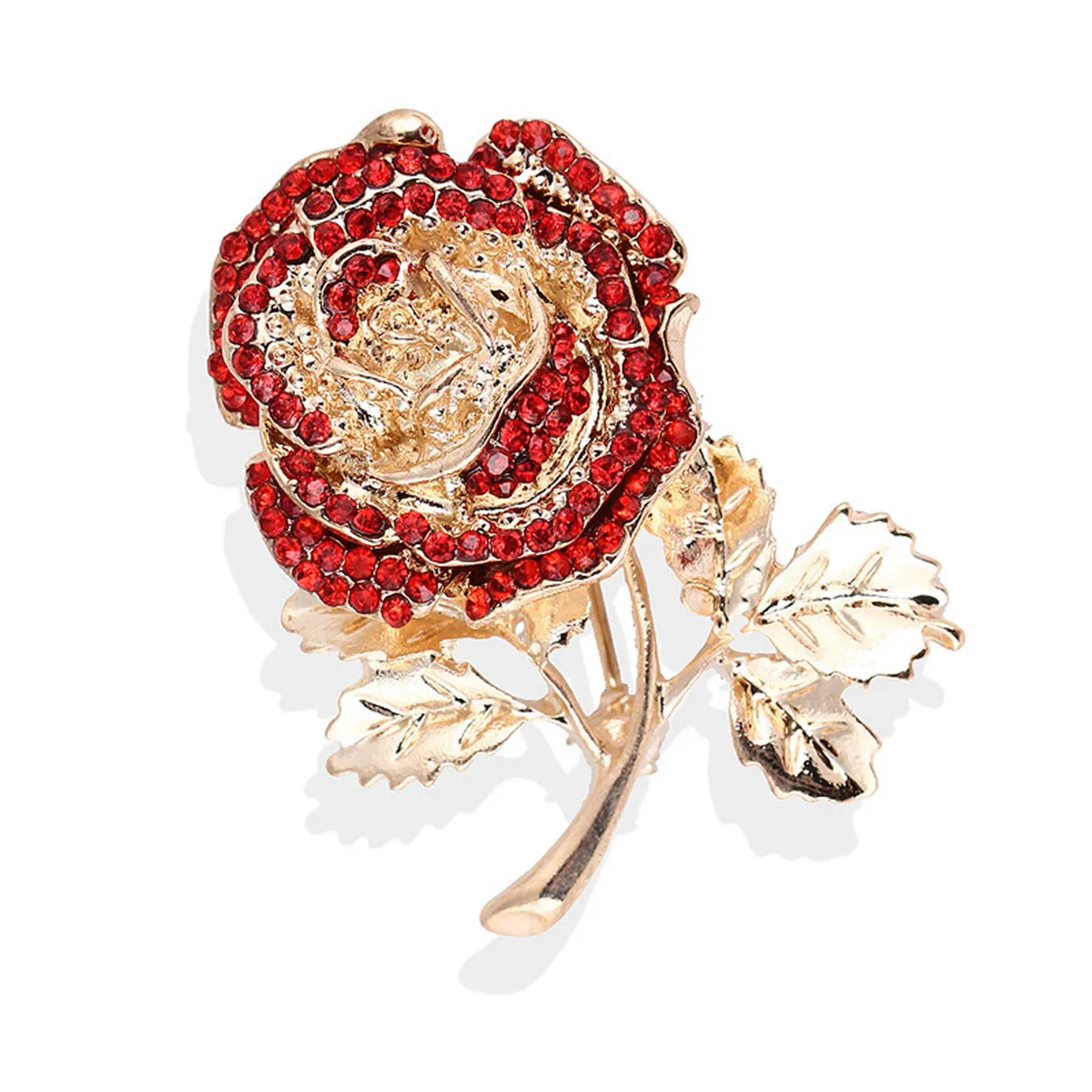 Red Cubic Zirconia & 18K Gold-Plated Rose Brooch