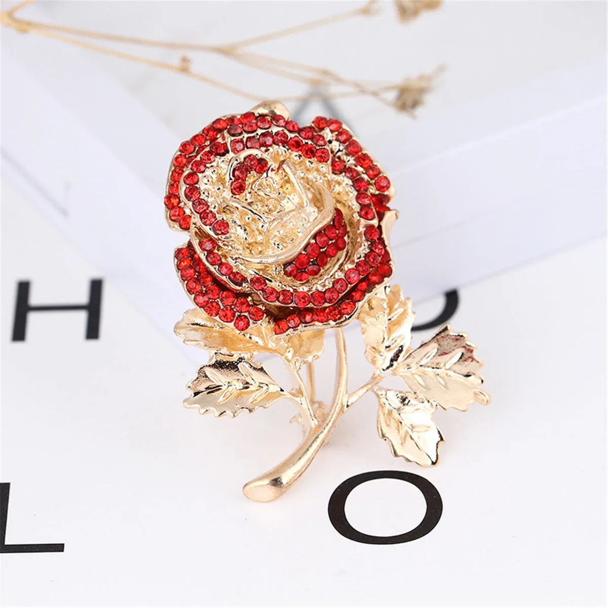 Red Cubic Zirconia & 18K Gold-Plated Rose Brooch