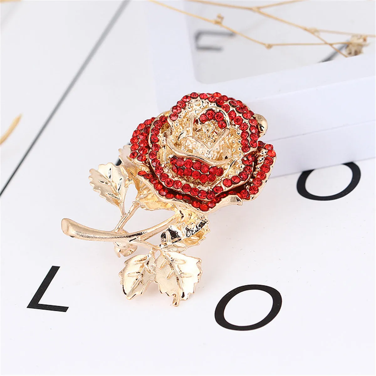 Red Cubic Zirconia & 18K Gold-Plated Rose Brooch