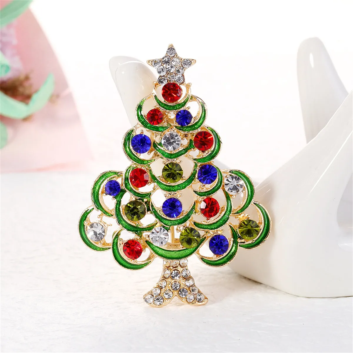 Red Cubic Zirconia & 18K Gold-Plated Star Christmas Tree Brooch