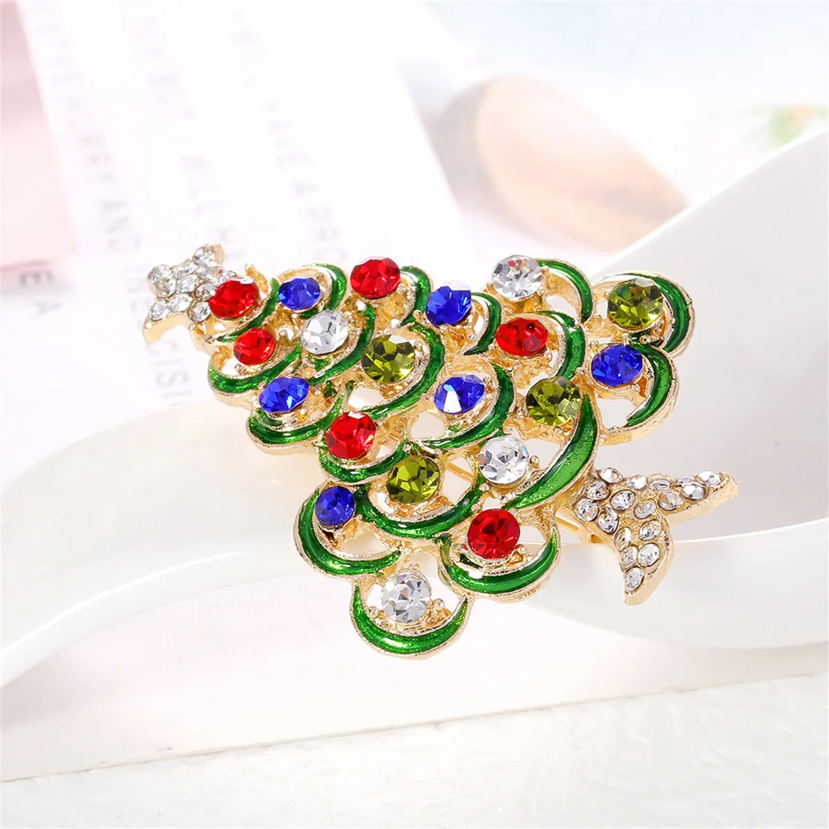 Red Cubic Zirconia & 18K Gold-Plated Star Christmas Tree Brooch