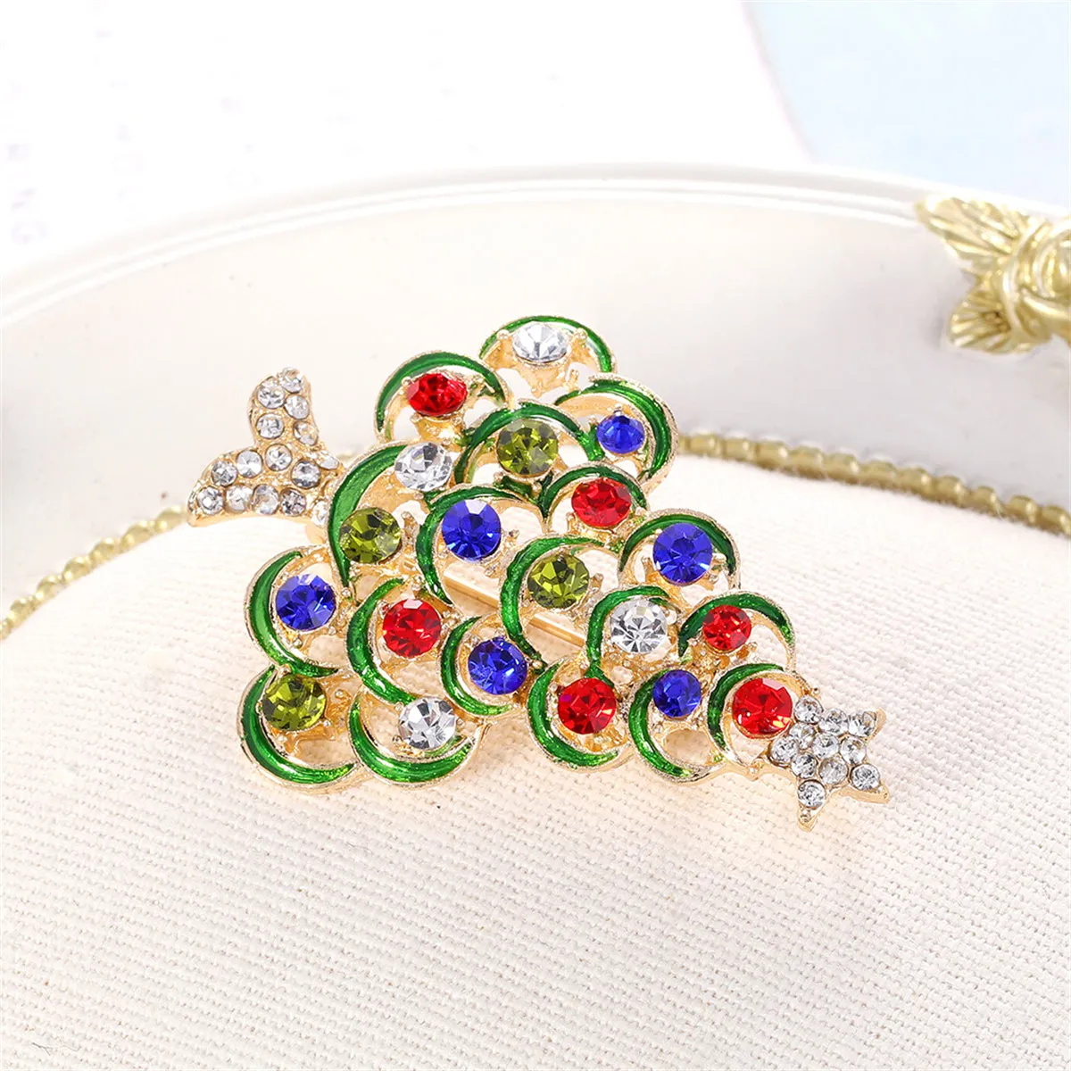 Red Cubic Zirconia & 18K Gold-Plated Star Christmas Tree Brooch