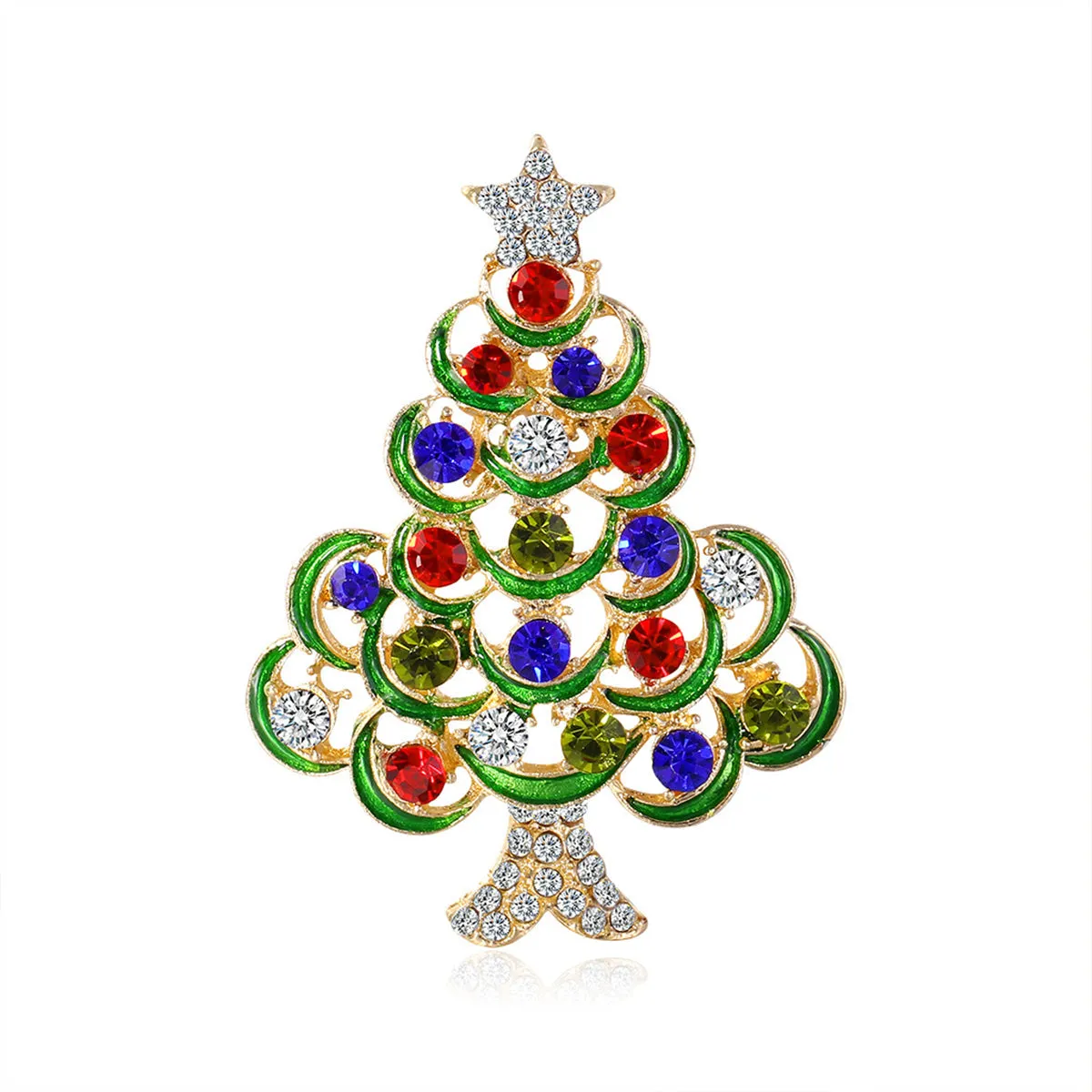 Red Cubic Zirconia & 18K Gold-Plated Star Christmas Tree Brooch